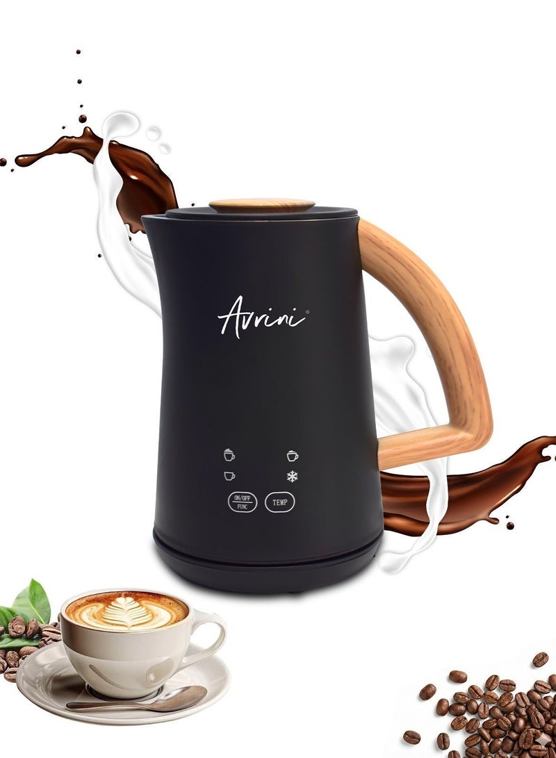 افريني جهاز أفْريني 4 في 1 لتسخين وتبخير الحليب الكهربائي، مزوّد بمقبض خشبي وشاشة LCD، مصنوع من الفولاذ المقاوم للصدأ، جهاز أوتوماتيكي لصنع الرغوة الساخنة والباردة وتسخين الحليب للاتيه والكابتشينو والماكياتو، 500 واط، باللون الأسود - Image 1